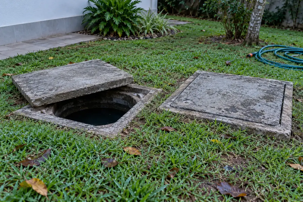 Tampas da fossa séptica e do filtro anaeróbio lado a lado no gramado