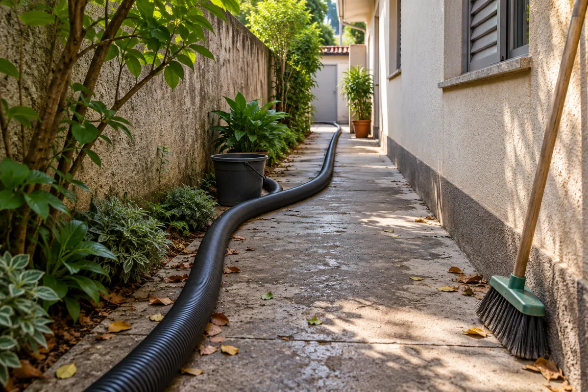 Mangueira de sucção estendida pelo corredor estreito entre o muro e a casa até o fundo do terreno