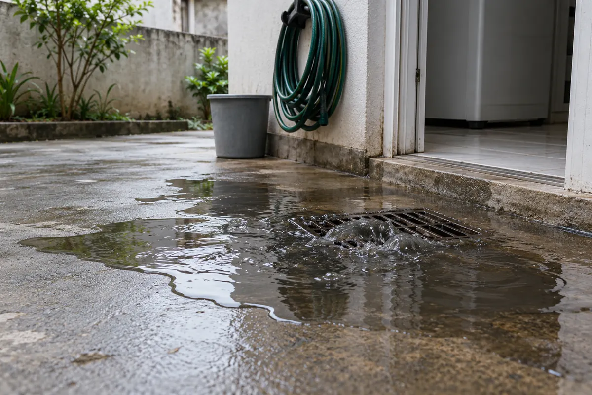 Ralo do quintal devolvendo água escura de esgoto, que se espalha pelo piso cimentado