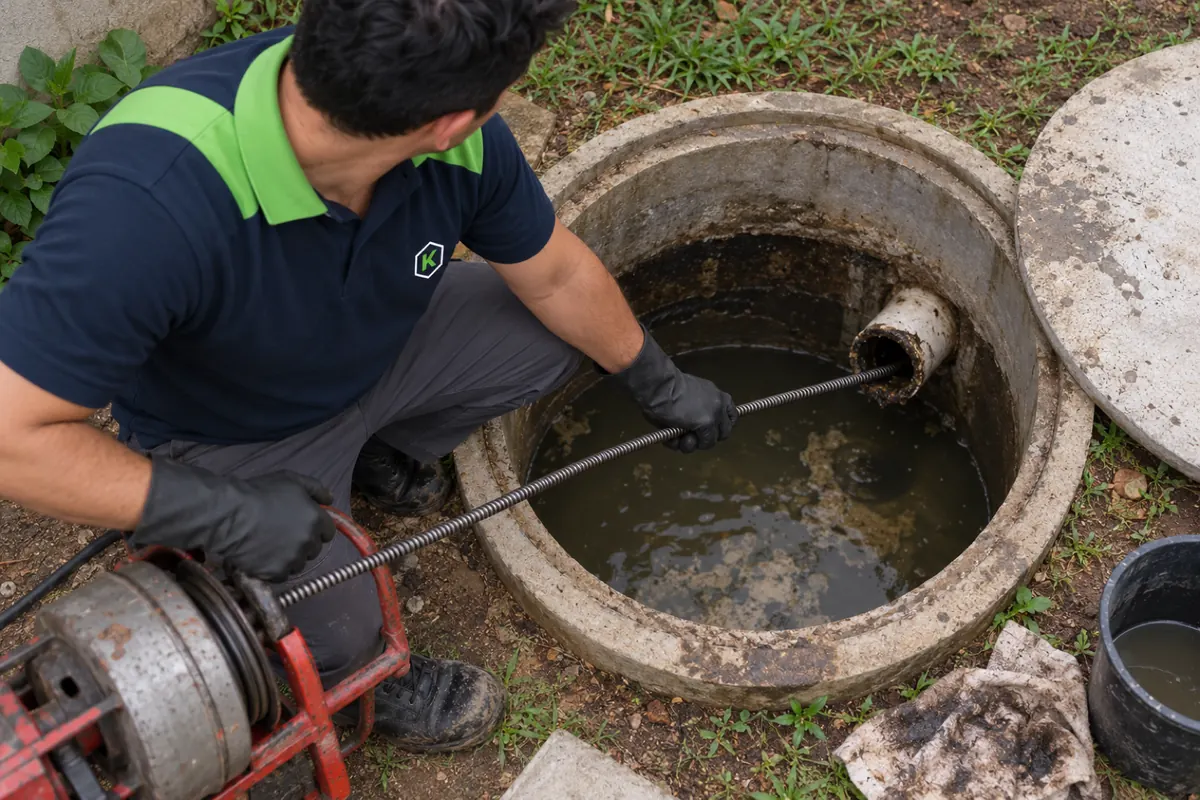 Técnico guiando o cabo da máquina de mola no cano de saída de uma fossa aberta