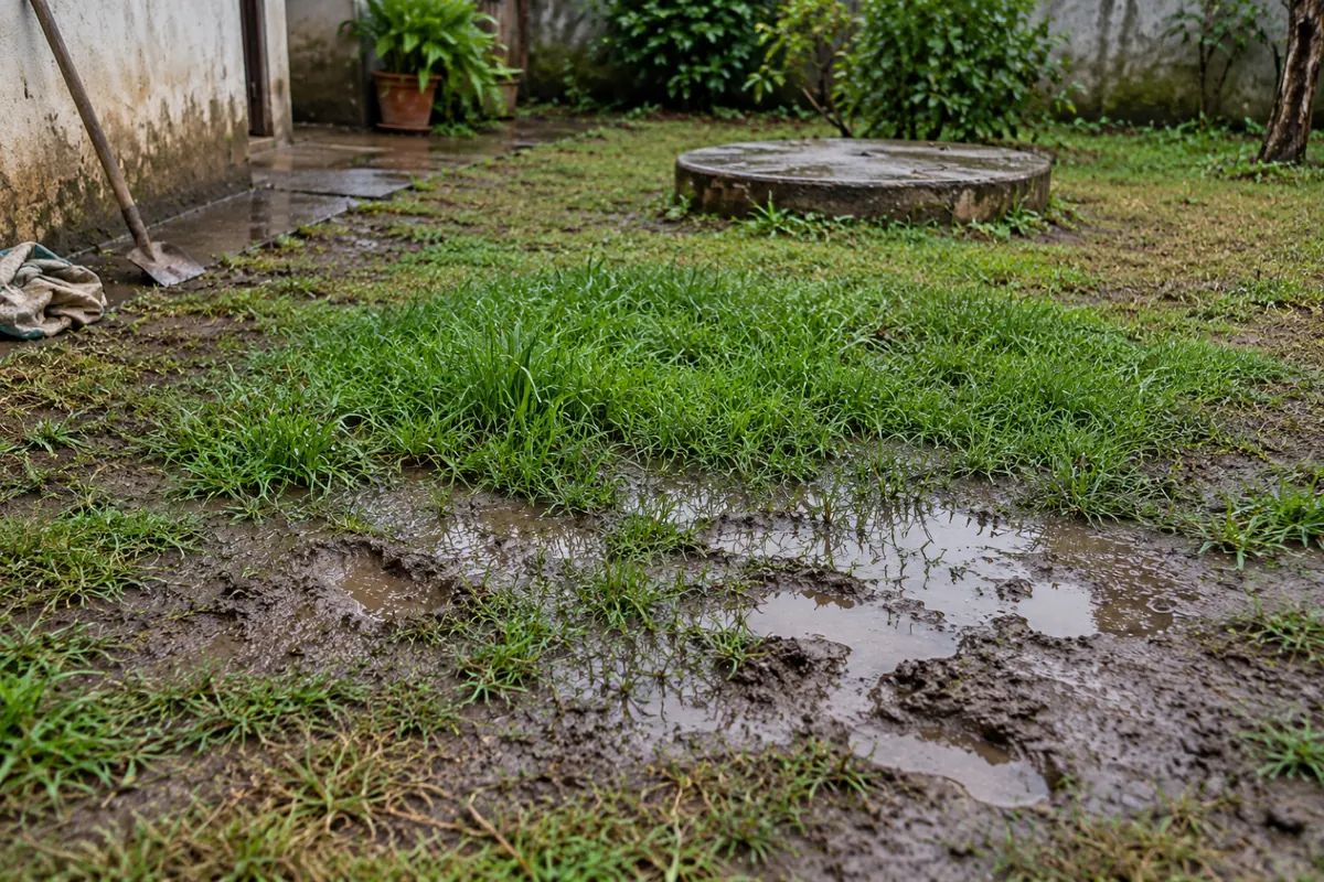 Quintal com grama encharcada e poças sobre o sumidouro, com a tampa de concreto ao fundo