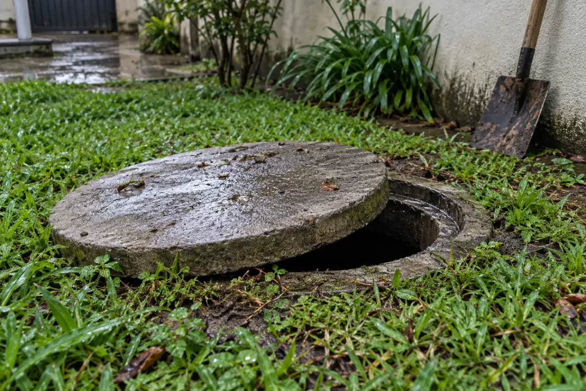 Tampa de fossa séptica meio aberta num quintal com a grama molhada ao redor