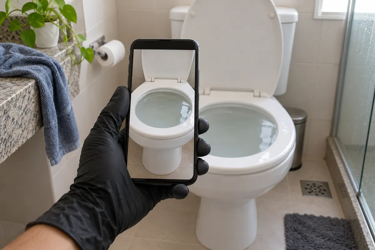 Mão fotografando com o celular o vaso sanitário com a água alta