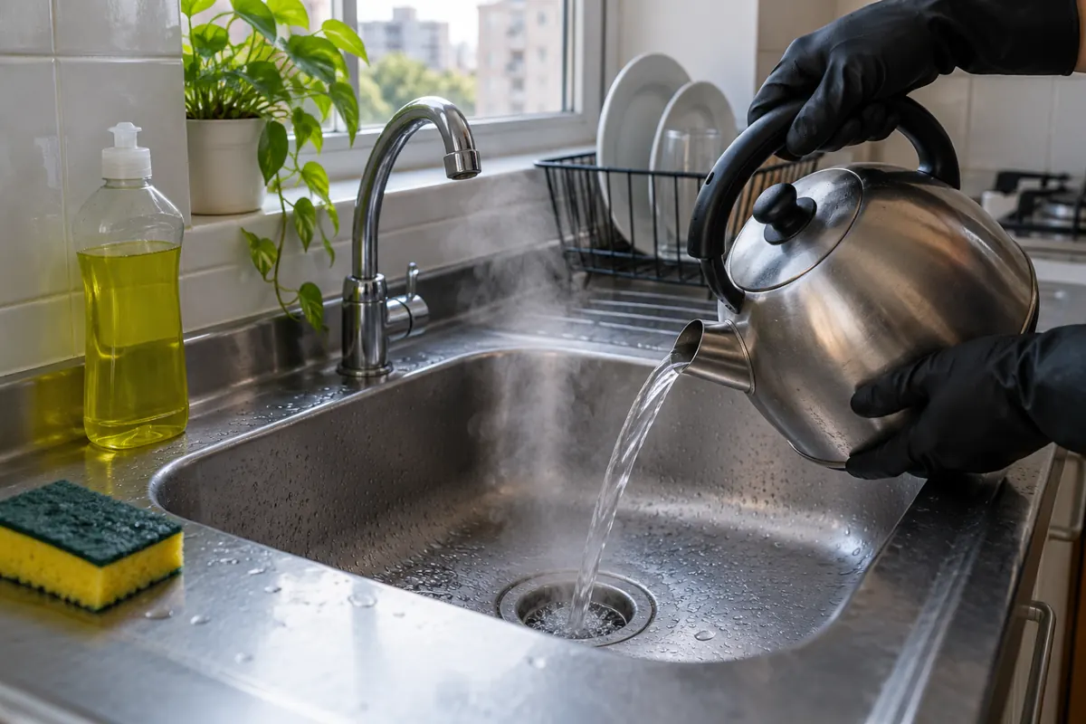 Mãos de luva despejando água quente de uma chaleira no ralo da pia da cozinha, com detergente ao lado