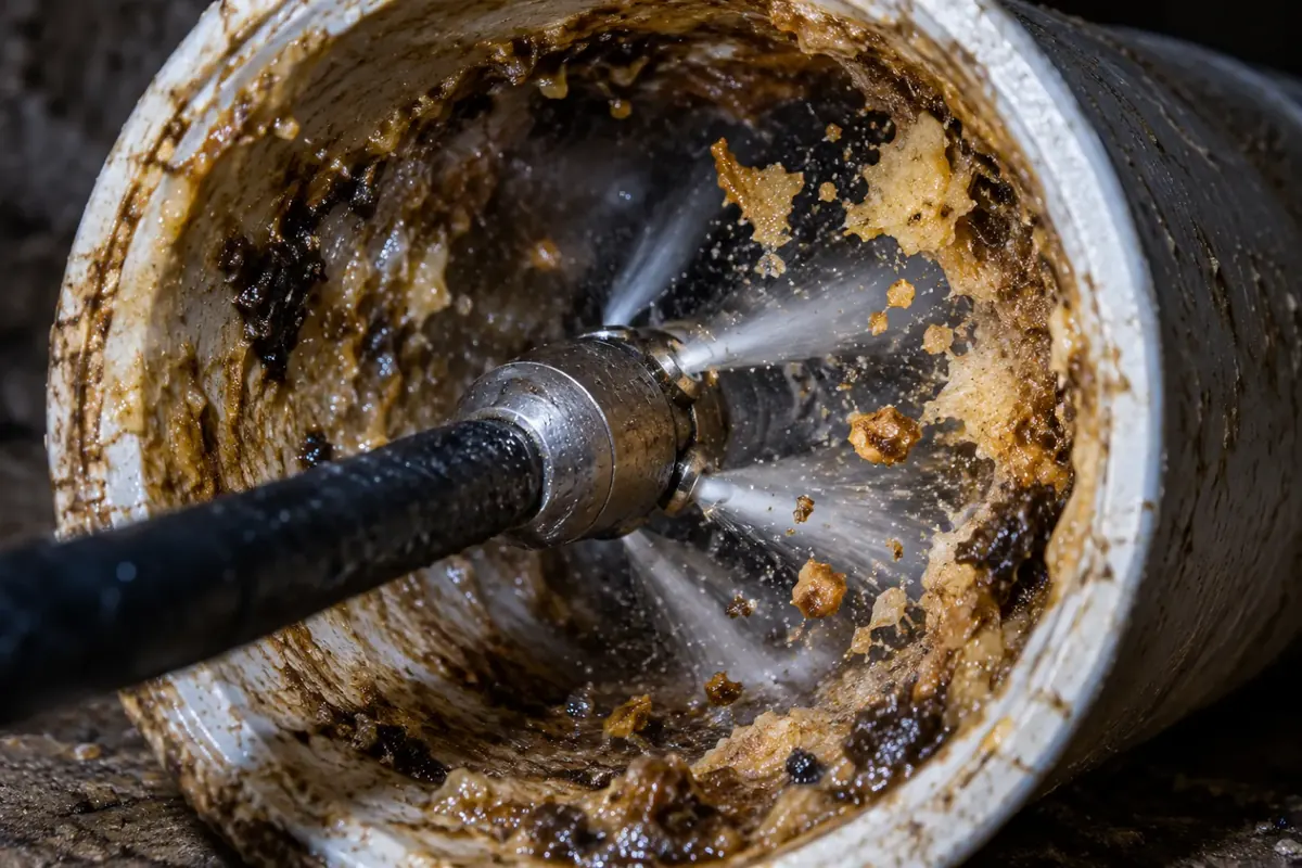 Bico de hidrojateamento soltando a crosta de gordura de dentro do cano