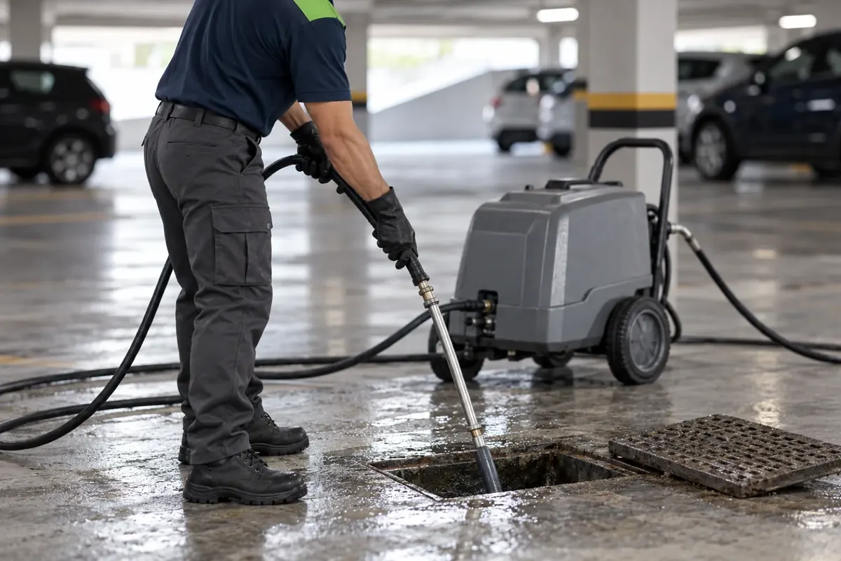 Técnico com a mangueira de hidrojateamento entrando numa caixa de inspeção