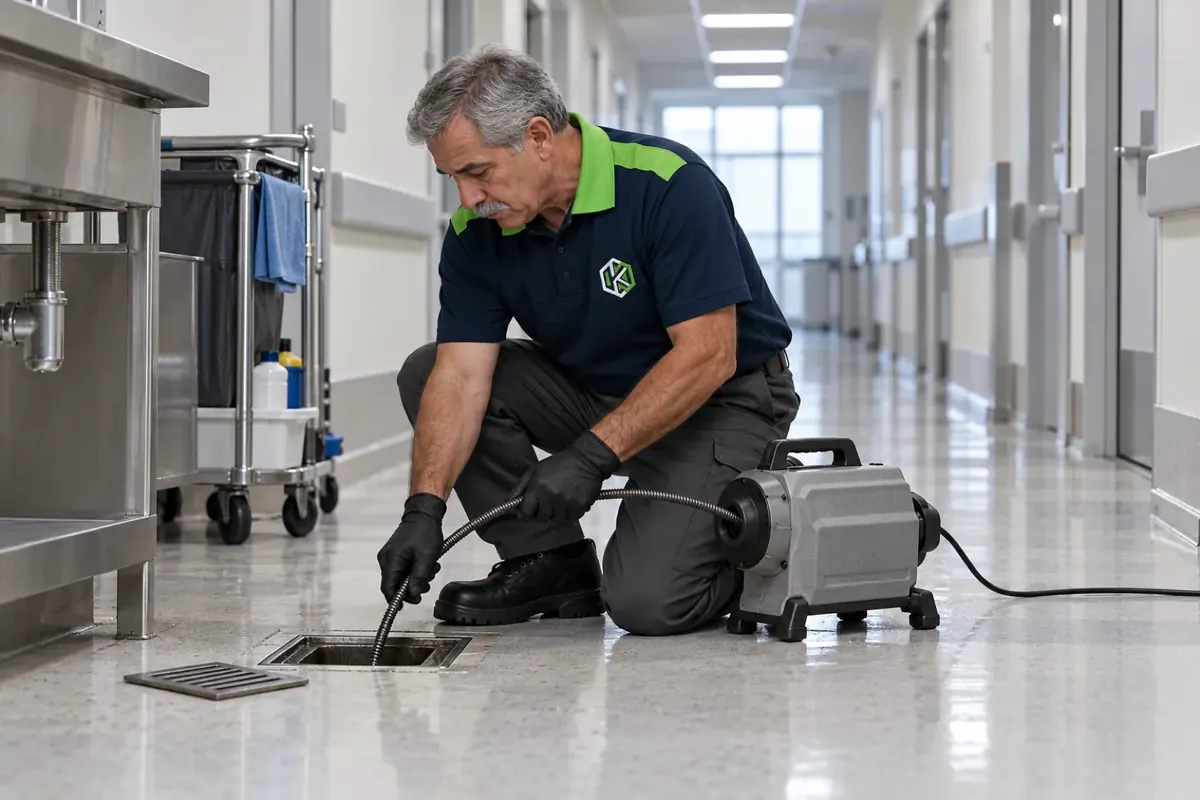 Técnico de uniforme desentupindo com a máquina de mola o ralo de chão de um corredor de serviço de hospital