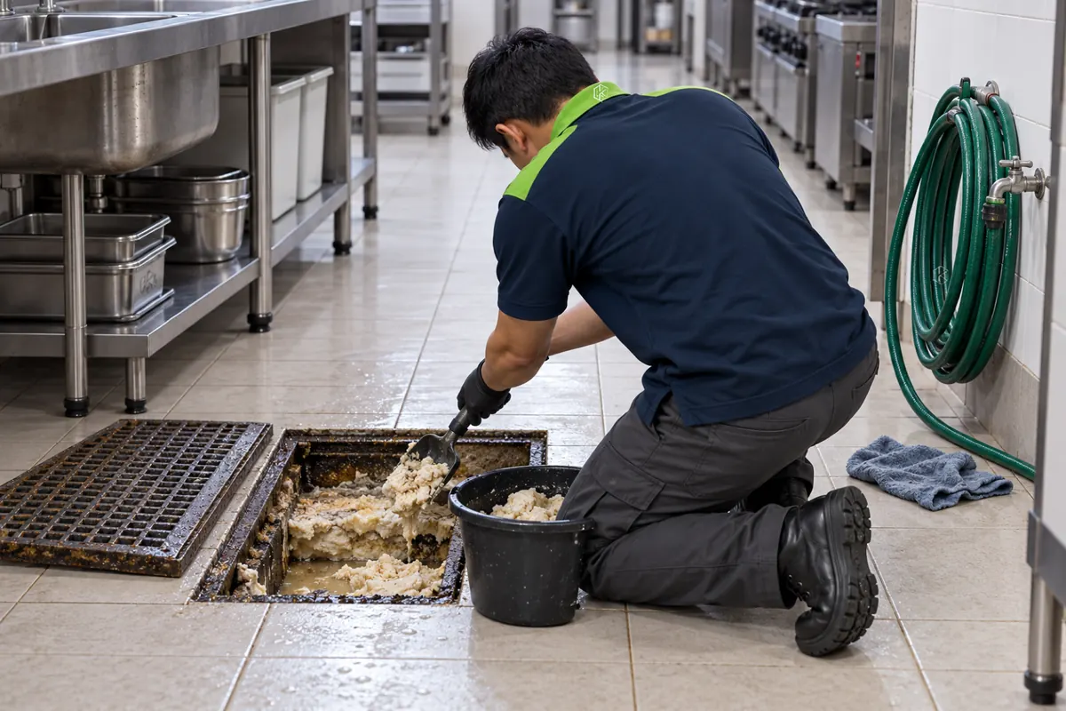 Técnico retirando com pá a gordura endurecida da caixa de gordura da cozinha industrial de um hospital