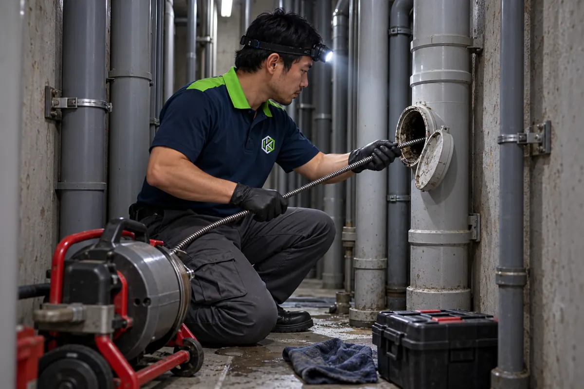 Técnico guiando o cabo da máquina de mola pela inspeção aberta da coluna de esgoto no shaft de um hospital