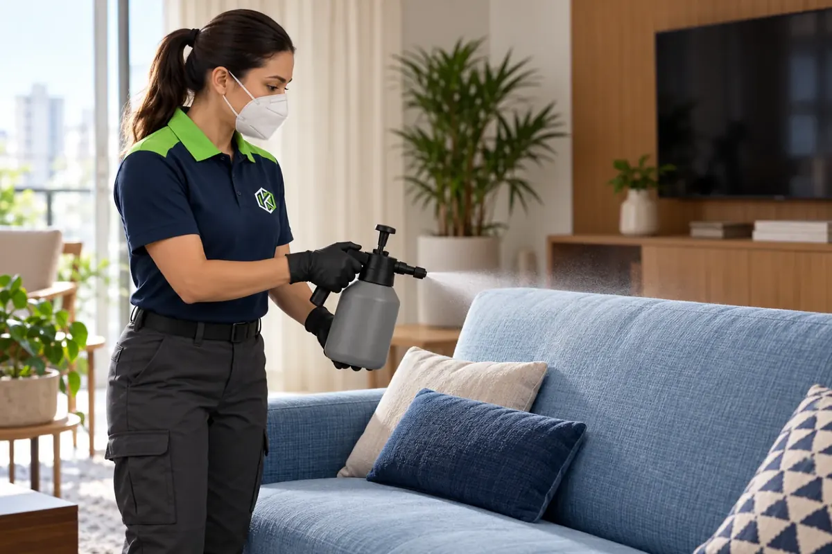 Profissional de uniforme aplicando impermeabilizante com pulverizador no encosto de um sofá azul-claro