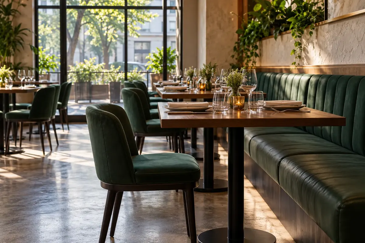 Cadeiras e banco corrido estofados em tecido verde-escuro no salão de um restaurante
