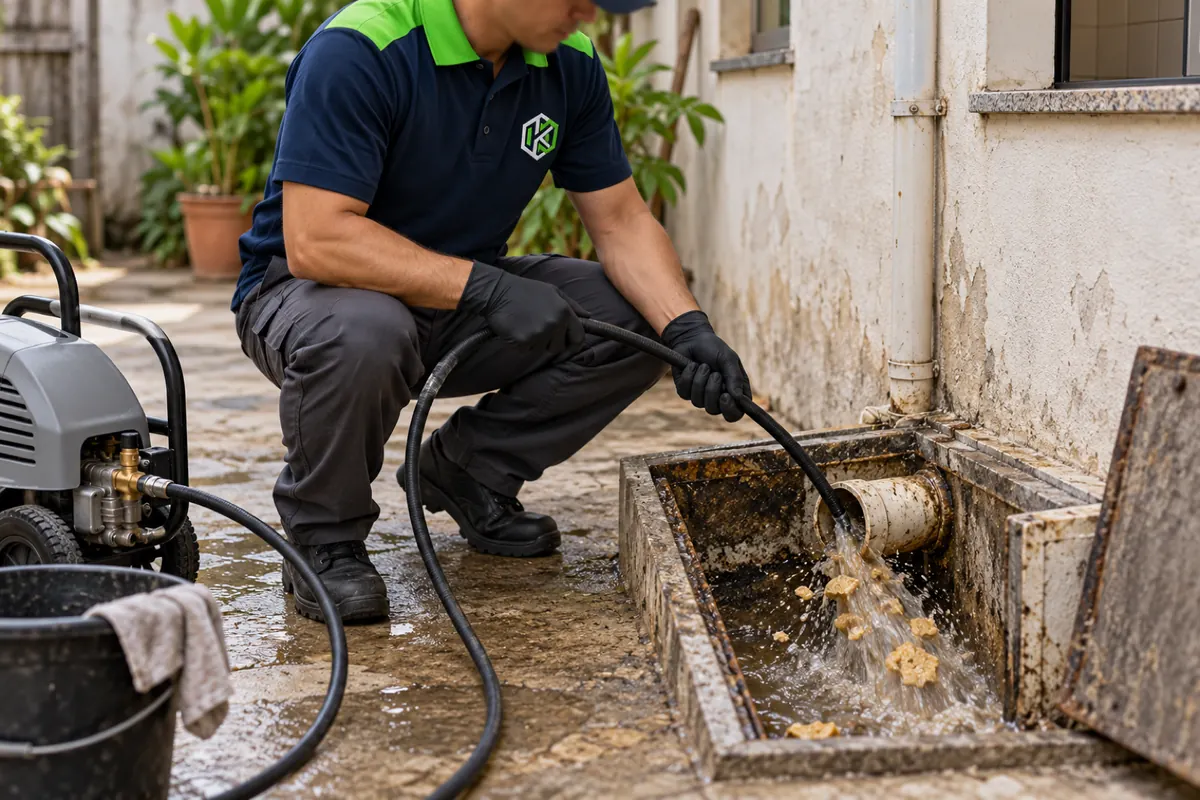 Técnico conduzindo a mangueira do hidrojato no cano que sai da caixa de gordura, com lascas de crosta saindo