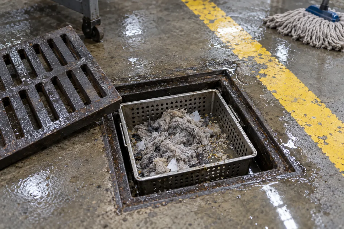 Ralo de produção com a grelha levantada e o cesto cheio de fibras e restos de material
