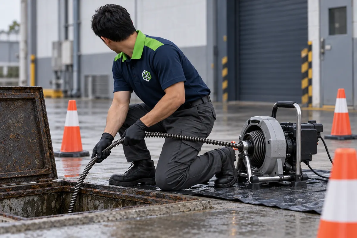 Técnico guiando o cabo da máquina de mola numa caixa de inspeção no pátio de uma fábrica, com cones em volta