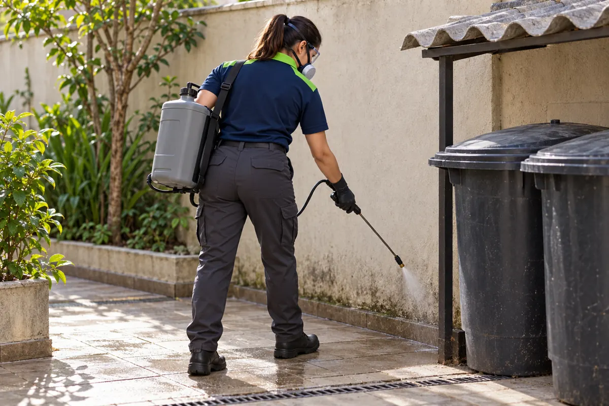 Dedetizadora pulverizando a parede e o canto do piso da área de lixo, com os tambores tampados ao lado