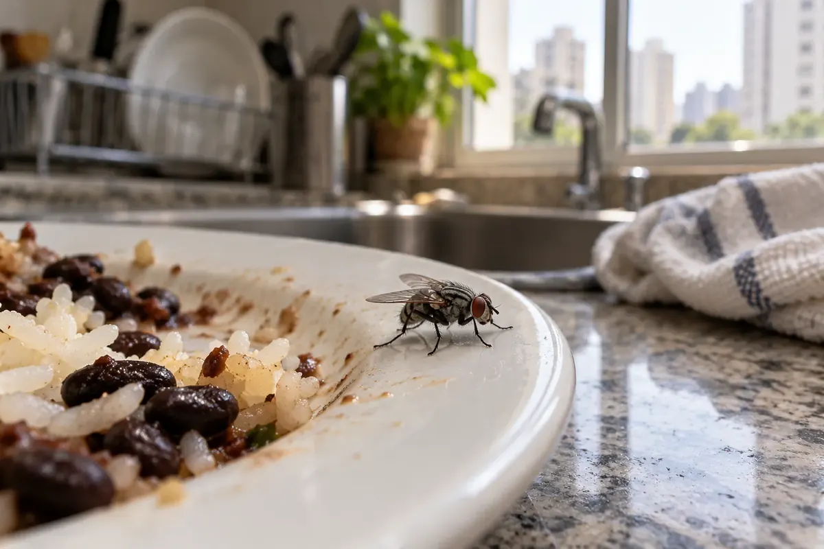 Mosca-doméstica pousada na borda de um prato com restos de comida na bancada da cozinha