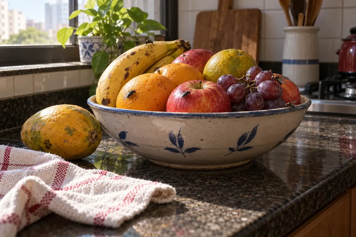 Fruteira com frutas maduras sobre a bancada da cozinha