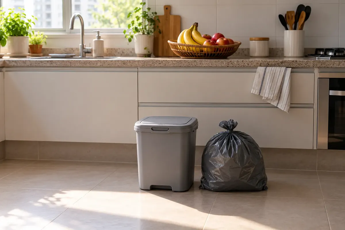 Bancada de cozinha limpa com a lixeira orgânica tampada e o saco de lixo amarrado pronto para sair
