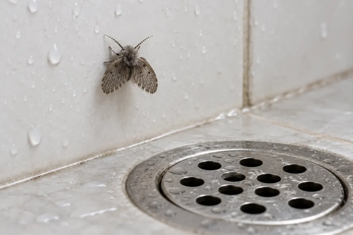 Mosquinha de banheiro pousada no azulejo do box, perto do ralo