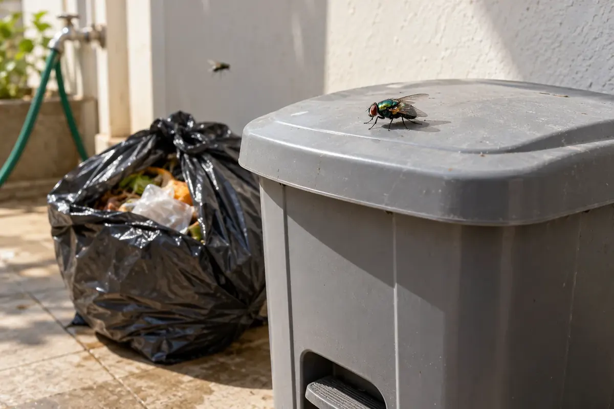 Mosca varejeira verde pousada na tampa de uma lixeira na área de serviço