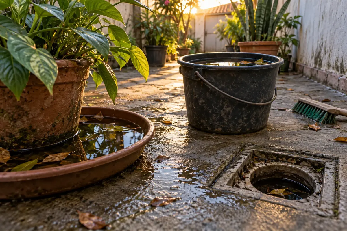 Prato de vaso e balde com água parada no quintal, focos de mosquito