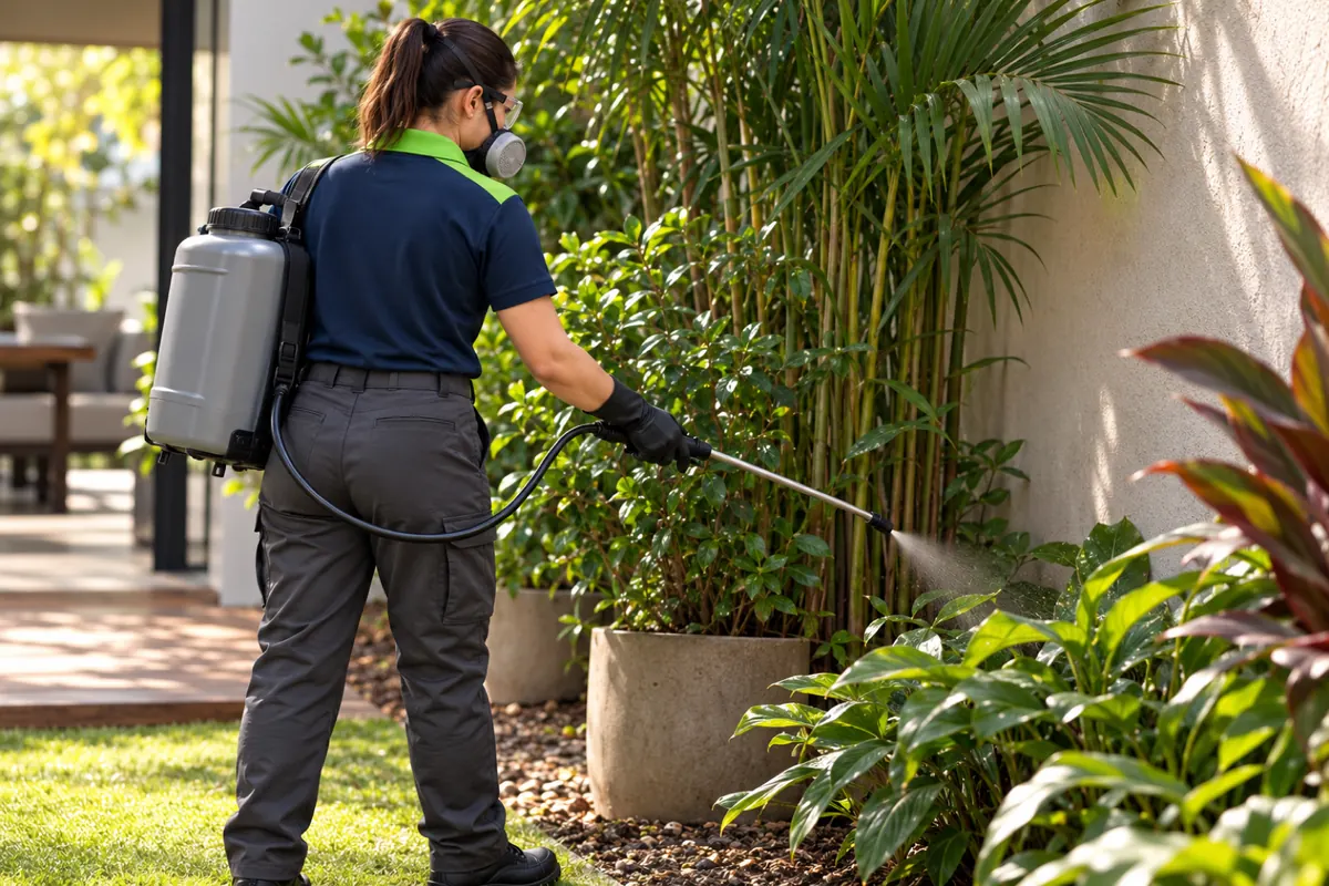 Dedetizadora pulverizando a folhagem e o canto sombreado do quintal, onde o mosquito descansa