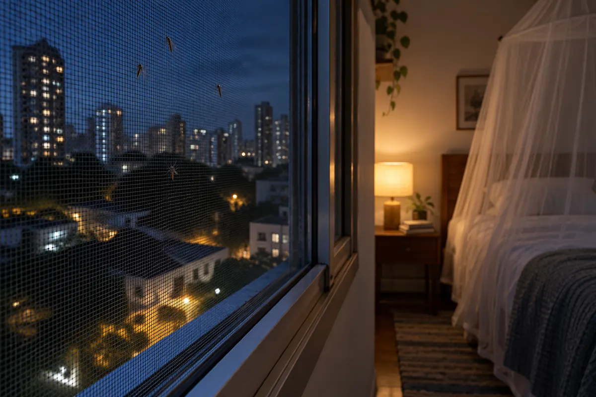 Tela mosquiteira na janela do quarto à noite, com pernilongos parados do lado de fora