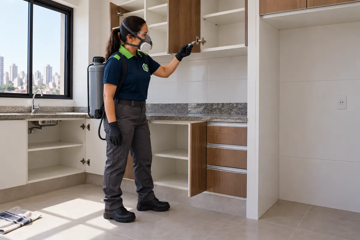 Mão de luva aplicando gel na dobradiça de um armário vazio numa cozinha sem móveis nem geladeira