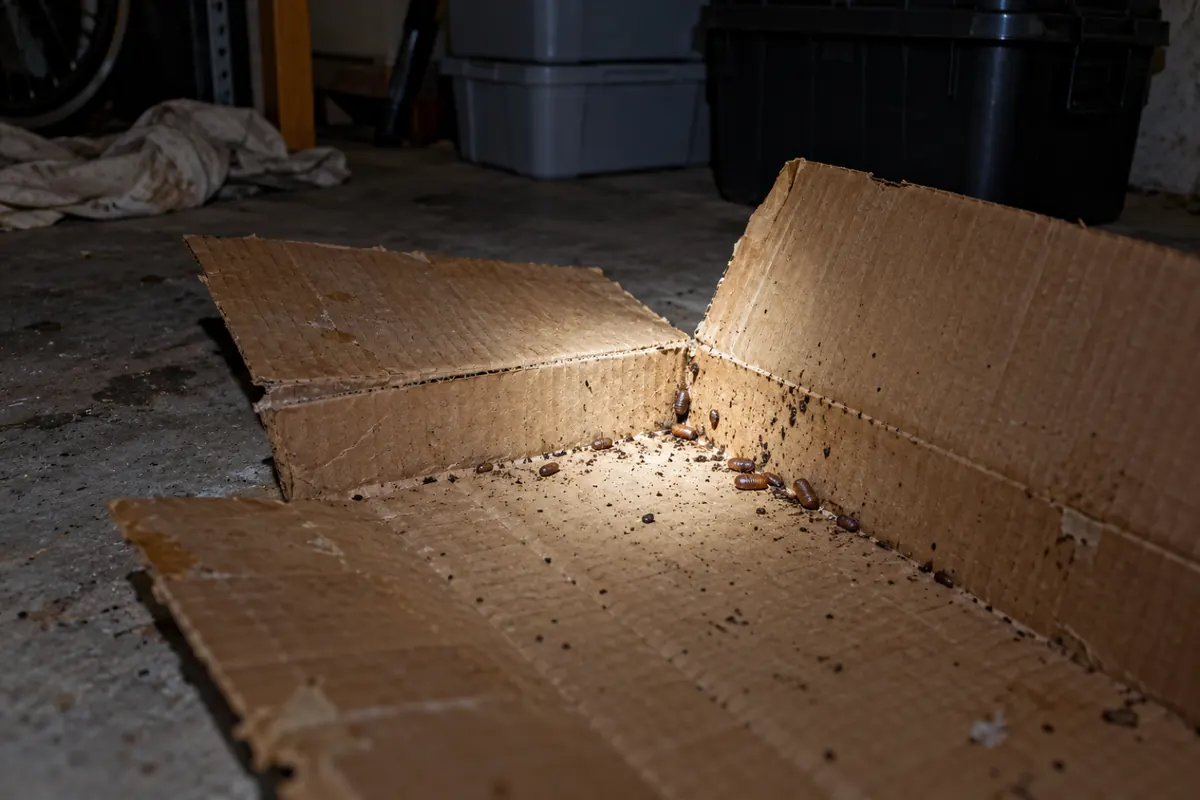 Dobra de caixa de papelão velha com cápsulas de ovos de barata e fezes, ao lado de caixas plásticas novas