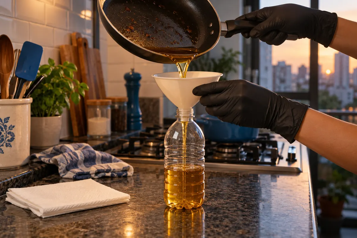 Óleo de cozinha usado sendo despejado por um funil numa garrafa plástica, ao lado do fogão