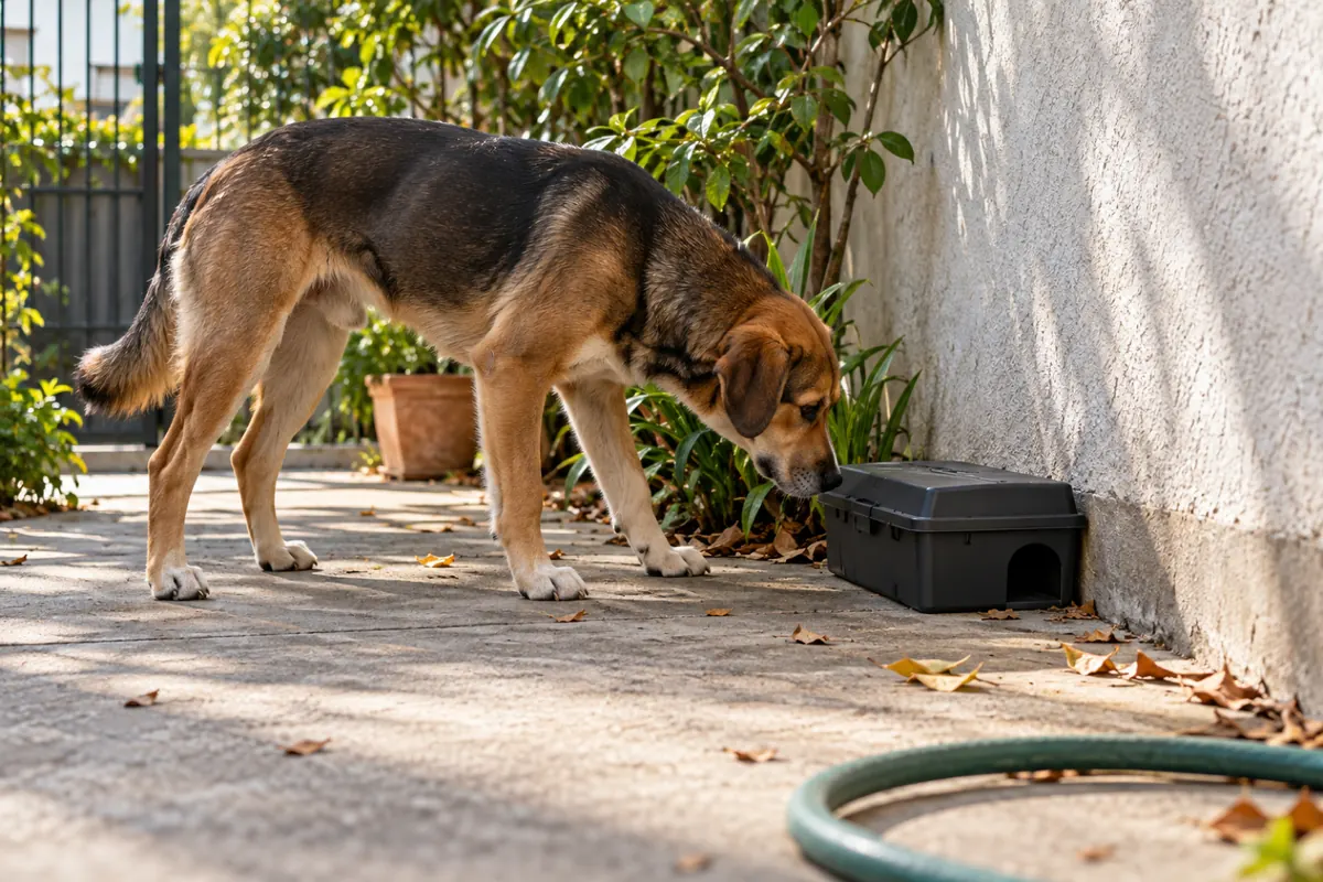 Cachorro cheirando um porta-isca fechado rente ao muro do quintal, sem alcançar a isca de dentro