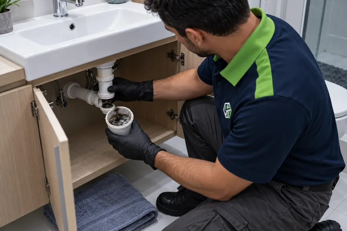 Técnico abrindo o sifão de copo da pia do banheiro, com cabelo acumulado dentro