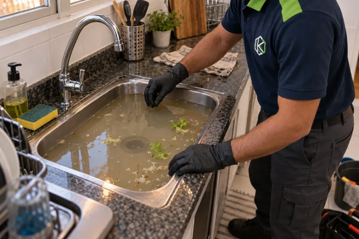 Técnico de luvas diante de uma pia de cozinha de inox com água parada e restos de comida