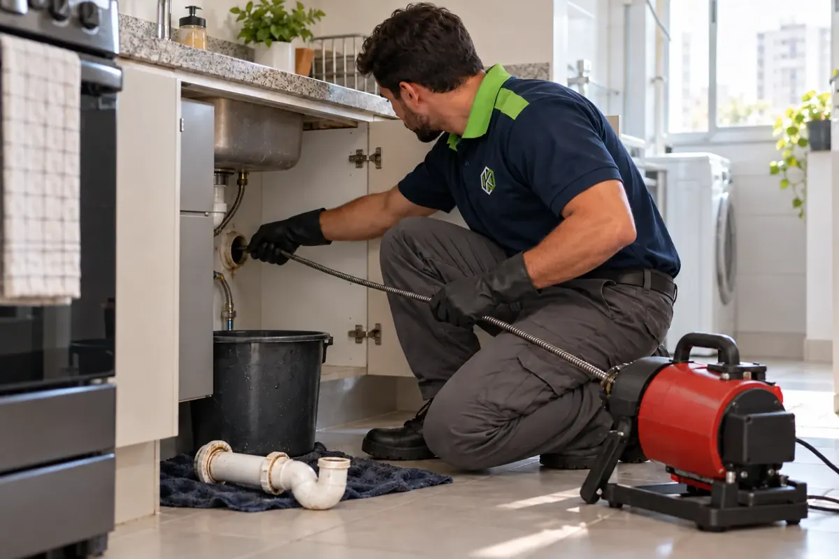Técnico passando o cabo da máquina de mola no cano da pia de cozinha