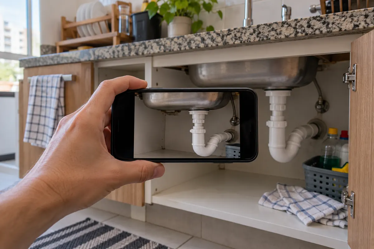 Mão fotografando com o celular o sifão embaixo da pia de cozinha para mandar na mensagem