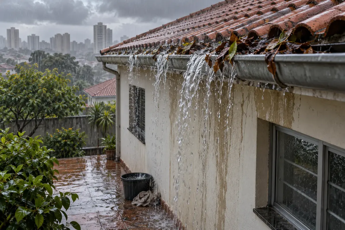 Calha de telhado transbordando com folhas acumuladas, com a água da chuva escorrendo pela parede