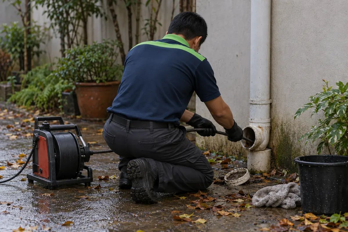 Técnico passando a máquina de mola na inspeção do pé do condutor da calha, com folhas molhadas no chão