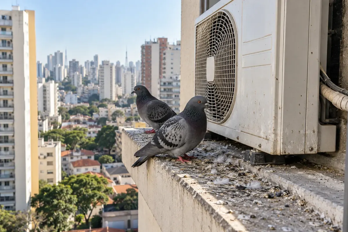 Pombos pousados no parapeito, ao lado da caixa do ar-condicionado