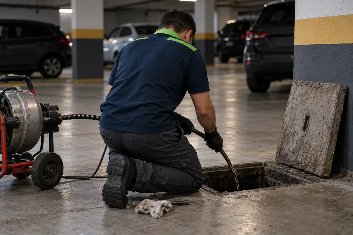 Técnico guiando a sonda da máquina de mola numa caixa de inspeção aberta na garagem do térreo de um prédio