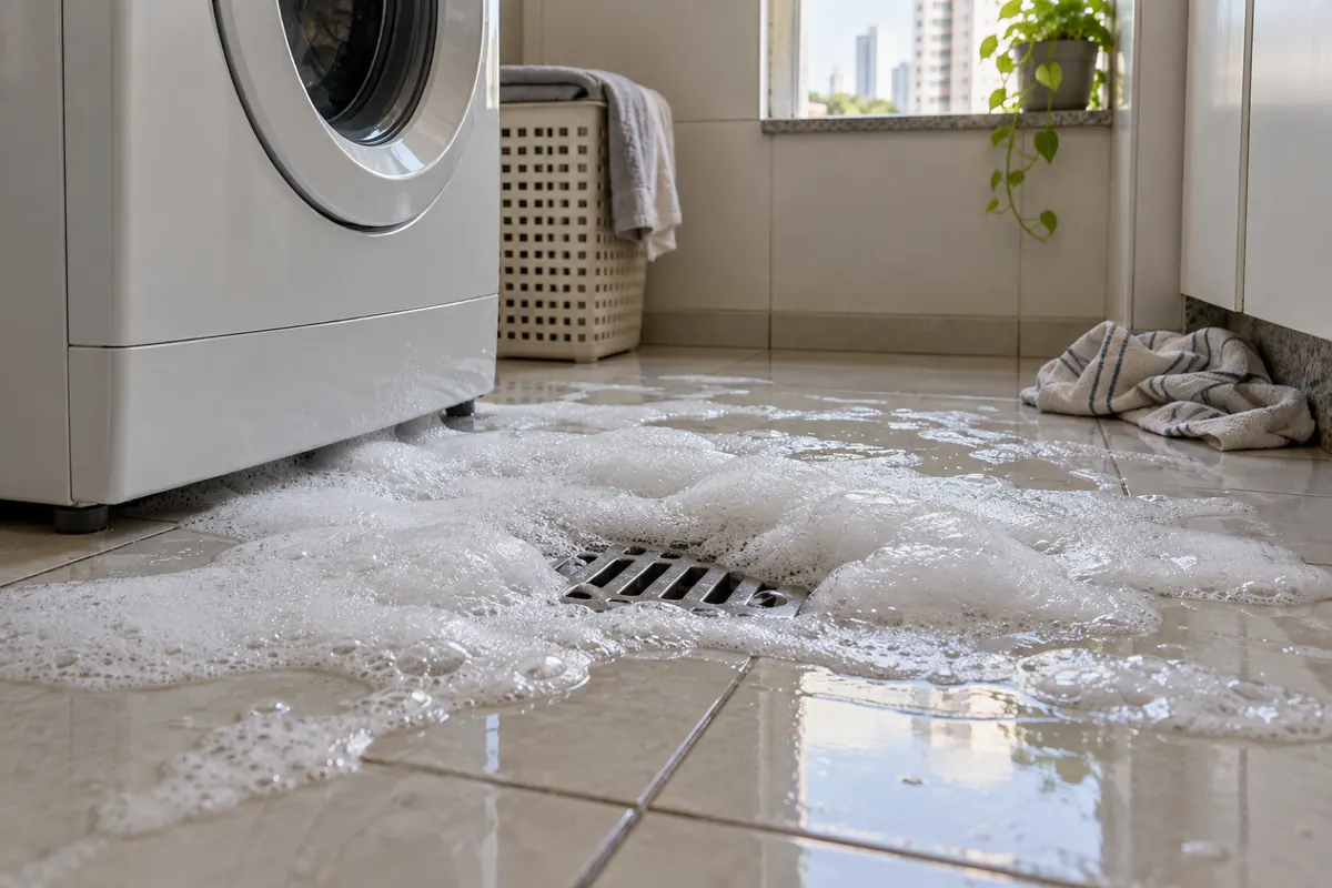 Espuma de sabão subindo pelo ralo da área de serviço de um apartamento, ao lado da máquina de lavar