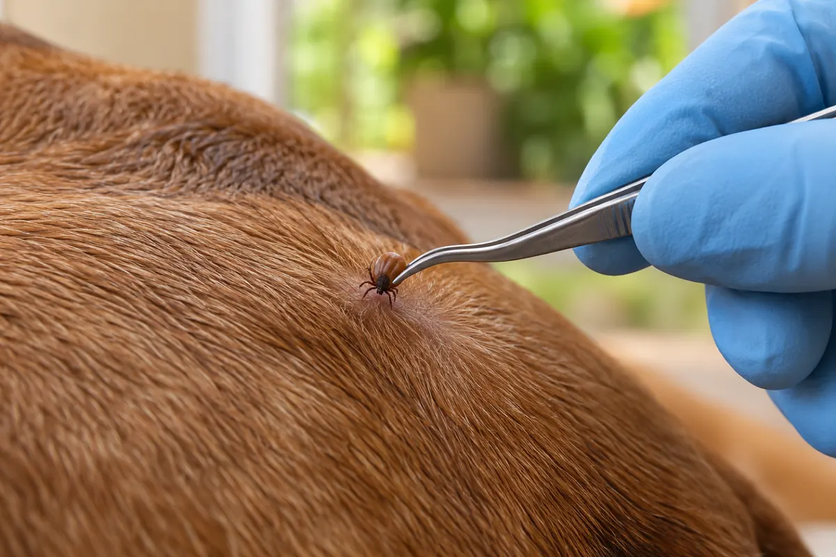 Pinça fina puxando um carrapato rente à pele de um cachorro