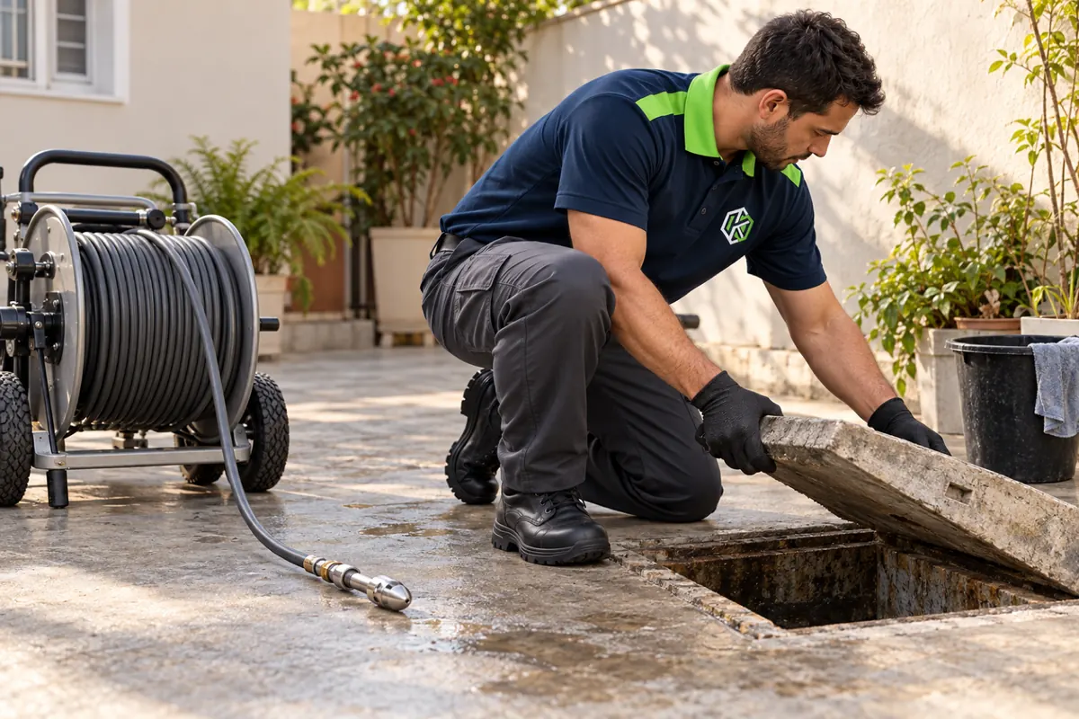 Técnico abrindo a tampa da caixa de inspeção no quintal, com a mangueira do hidrojato ao lado