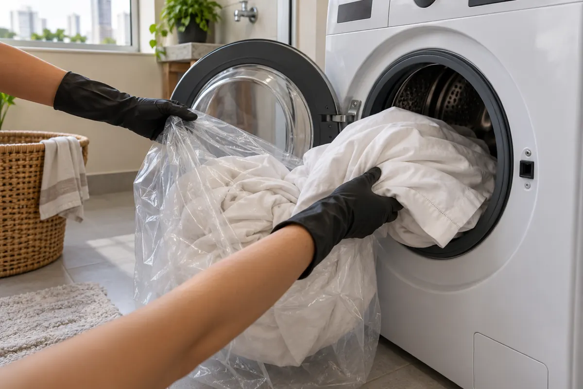 Roupa de cama saindo de um saco plástico fechado direto para a máquina de lavar