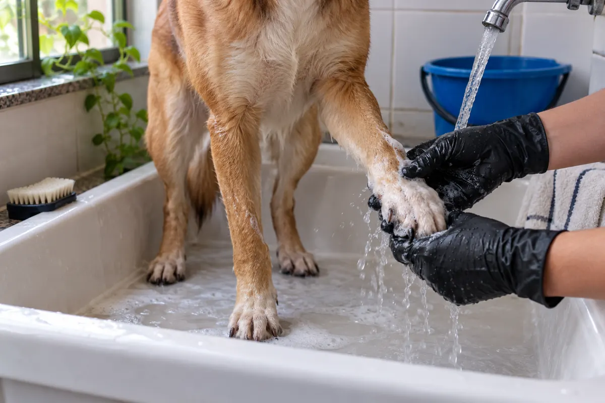 Mãos de luva lavando a pata de um cachorro com água corrente e sabão neutro no tanque