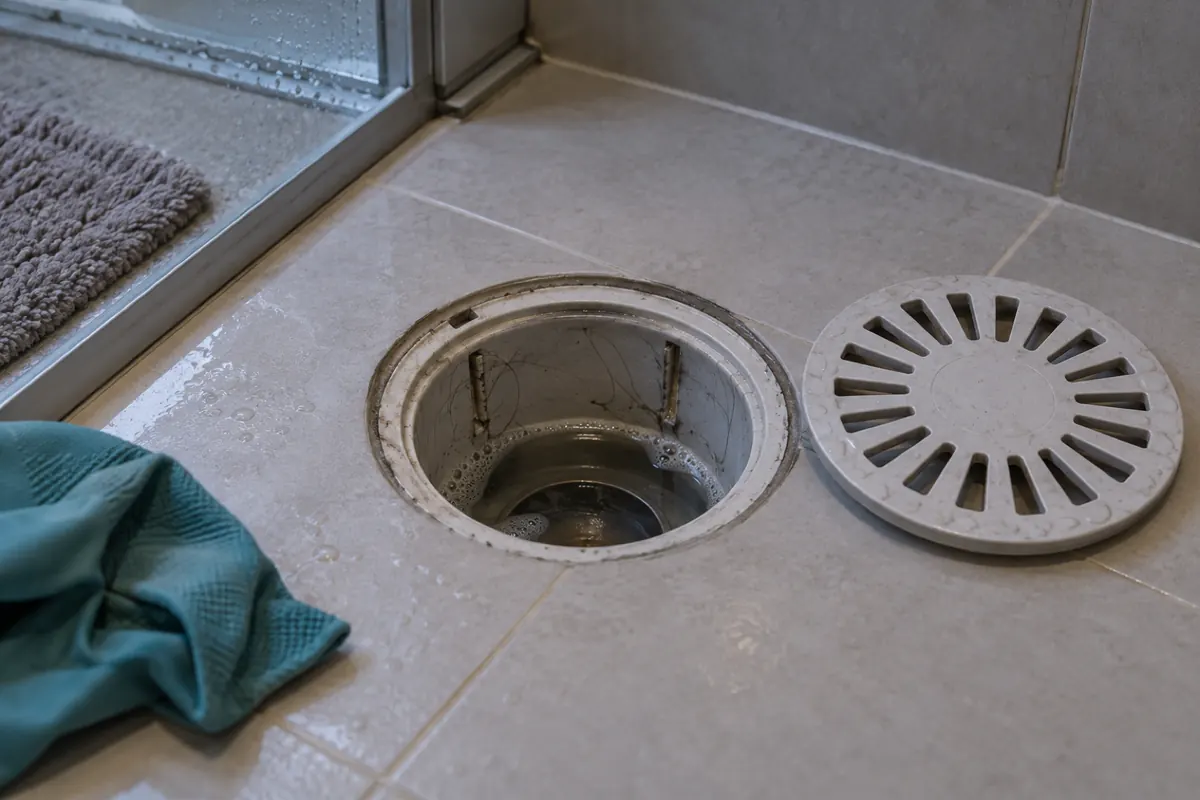 Caixa sifonada aberta no piso do banheiro, com a água baixa e resíduo de sabão e cabelo