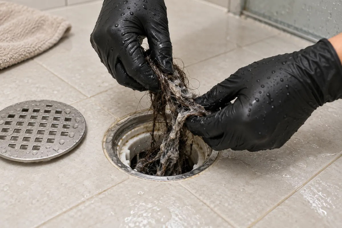 Mãos de luva tirando um bolo de cabelo com sabão de dentro da caixa sifonada aberta no piso do banheiro