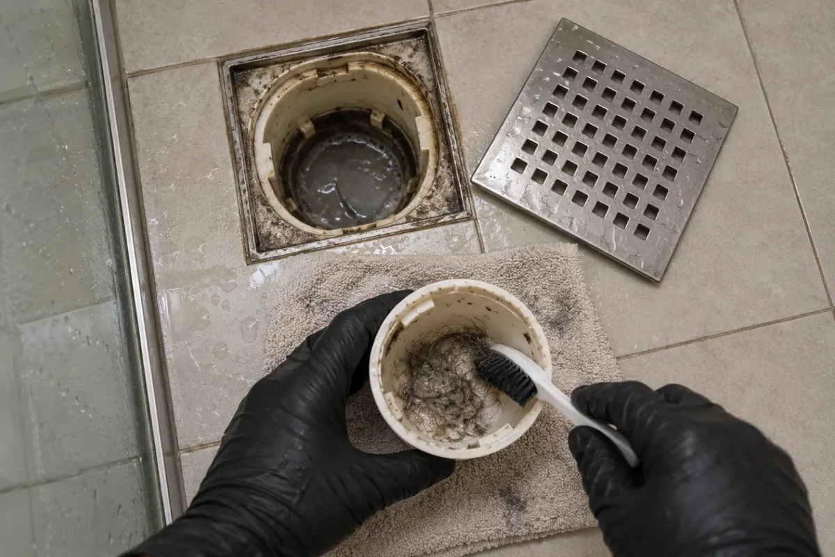 Caixa sifonada aberta no piso do banheiro, com o copo retirado e cabelo acumulado no fundo