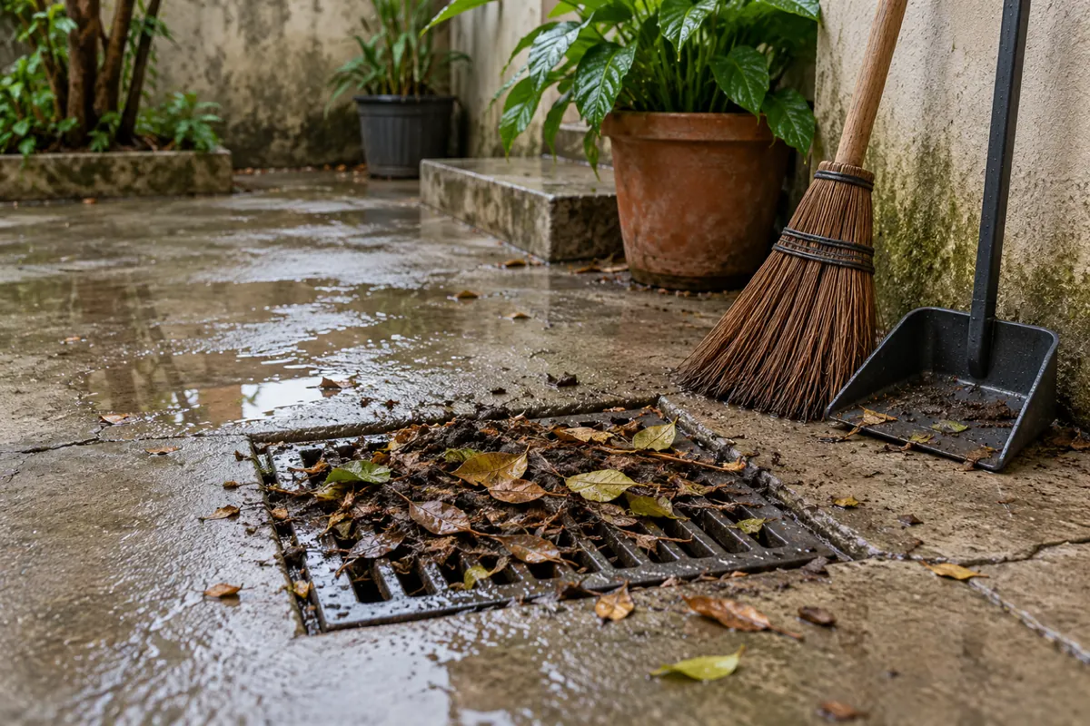 Grelha de ralo de quintal coberta de folhas secas e terra, com vassoura e pá de lixo ao lado