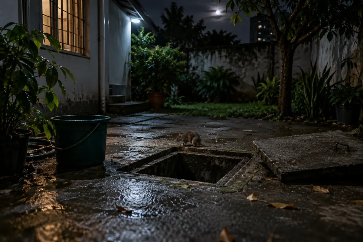 Ratazana na borda de uma caixa de esgoto aberta no quintal, à noite