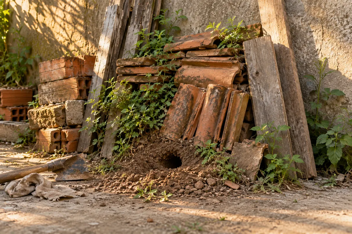 Telhas, tijolos e madeira empilhados junto ao muro do quintal, com mato e uma toca na terra
